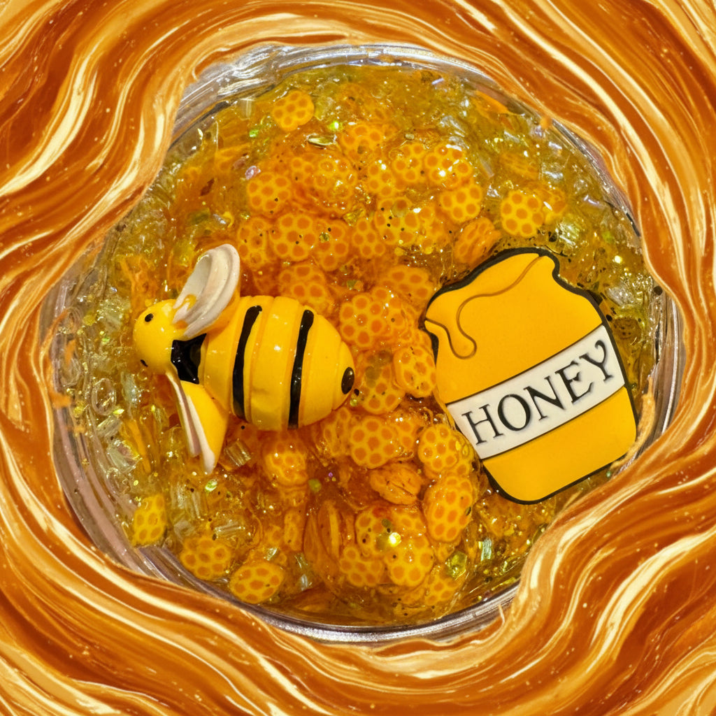 Jar filled with honeycomb-like substance, a toy bee, and a 'Honey' sign held by a person.