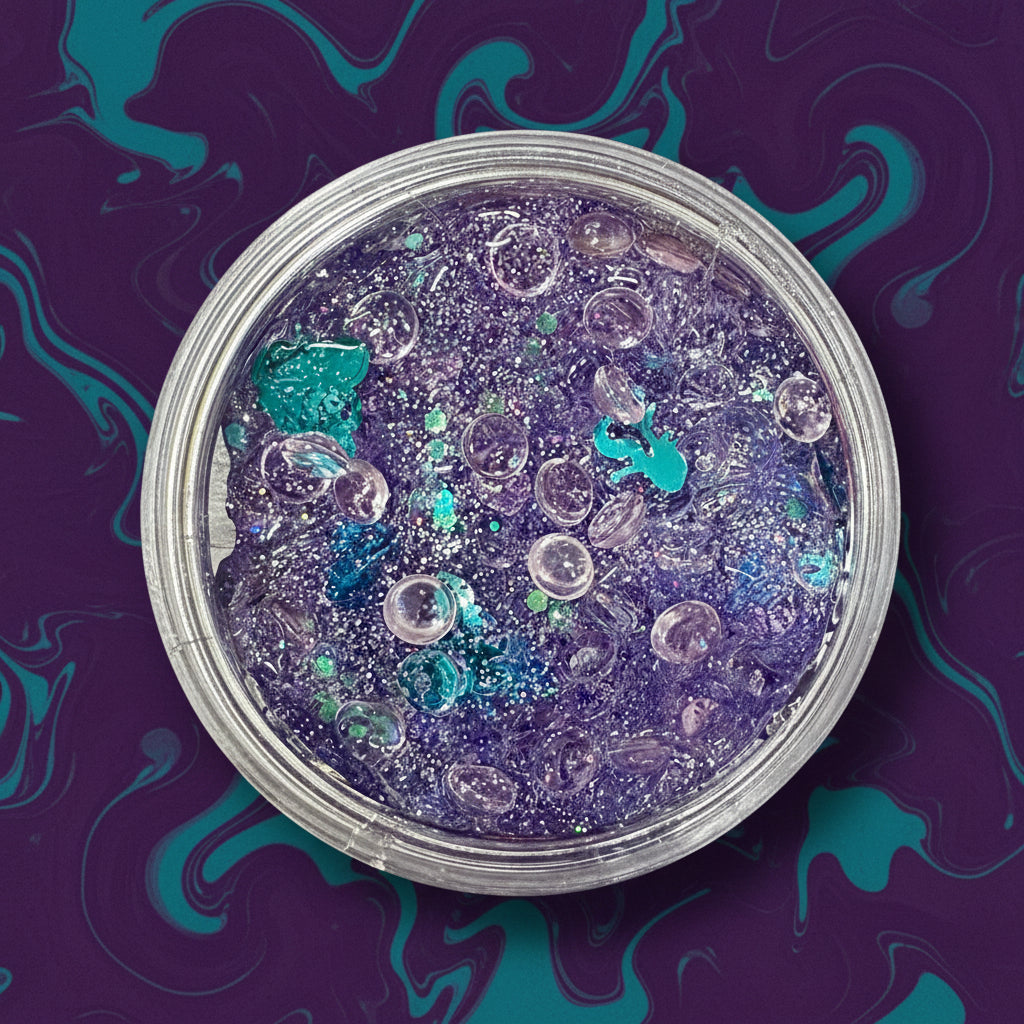 Purple glitter with blue and clear beads in a clear container on a brown surface