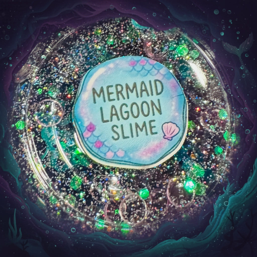Container of shimmery purple slime with label indicating 'Mermaid Lagoon